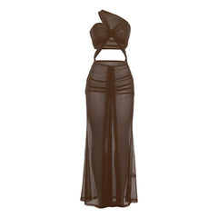 One shoulder mesh hollow out maxi dress