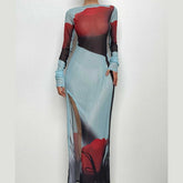 Sheer mesh see through abstract contrast long sleeve slit maxi dress | samba dress