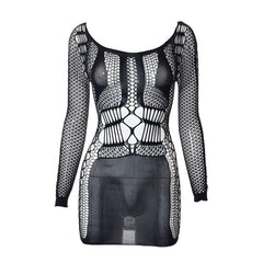 Fishnet long sleeve hollow out see through mini dress | red tango dress