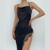 Hem lace slit satin cross open back dress | black rave dress | black rave dress