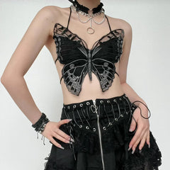 Butterfly pattern embroidery halter self tie backless crop top