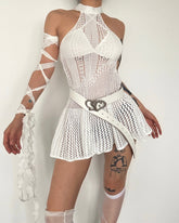 Crochet solid backless sleeveless halter self tie mini dress