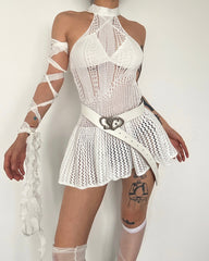 Crochet solid backless sleeveless halter self tie mini dress