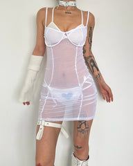 Sheer mesh see through solid low cut cami mini dress | samba dress