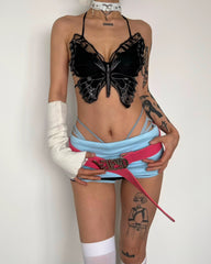 Butterfly pattern embroidery halter self tie backless crop top