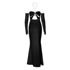Off shoulder halter o ring hollow out metal chain maxi dress