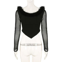 V long sleeve neck fluffy button top