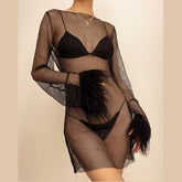 Long sleeve solid see through sheer mesh fluffy round neck mini dress | samba dress