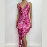 Tie dye ruffle halter mesh backless self tie irregular maxi dress | red tango dress