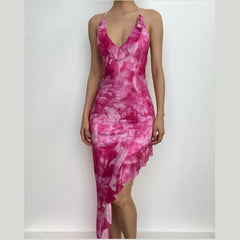 Tie dye ruffle halter mesh backless self tie irregular maxi dress | red tango dress