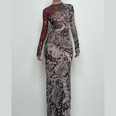 Long sleeve high neck print sheer mesh maxi dress | samba dress