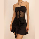 Mesh patchwork ruffle ruched halter backless mini dress | red tango dress