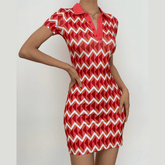 Short sleeve contrast turnover collar button mini dress | red tango dress