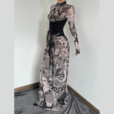 Sheer mesh see through abstract long sleeve high neck maxi dress | samba dress