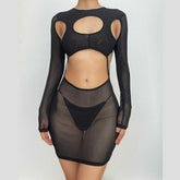 Long sleeve hollow out sheer mesh see through mini dress | samba dress