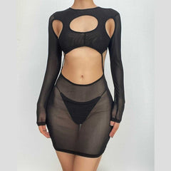 Long sleeve hollow out sheer mesh see through mini dress | samba dress