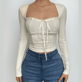 Square neck lace hem button solid long sleeve top