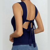 Self tie backless solid cap sleeve round neck top