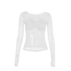 Long sleeve mesh ruched solid top