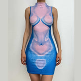 Body print contrast sleeveless high neck mini dress | red tango dress