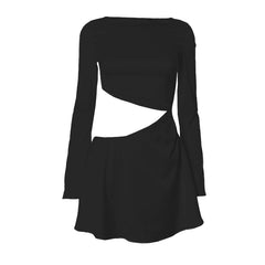 Long sleeve hollow out solid mini dress