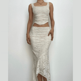 Sleeveless u neck backless lace up solid ruched midi skirt set