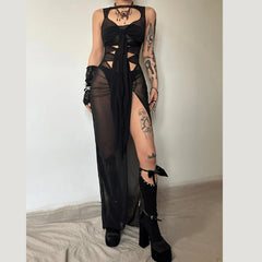 Sheer mesh see through knotted hollow out slit maxi dress | red tango dress | samba dress