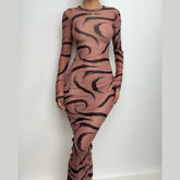 Sheer mesh see through long sleeve contrast print maxi dress | samba dress
