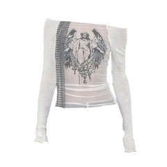 Long sleeve off shoulder ruched sheer mesh Jesus print top