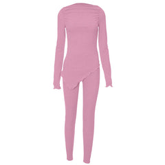 Long sleeve irregular ruched solid pant set