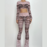 Sheer mesh striped see through long sleeve contrast pant set