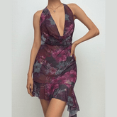 Halter cowl neck beaded sheer mesh print mini dress | samba dress