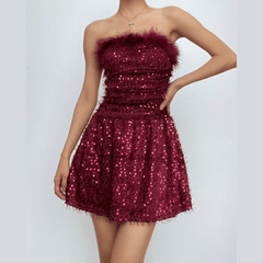 Textured glitter backless feather tube mini dress | red tango dress