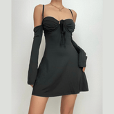 Lace up solid cross back off shoulder long sleeve mini dress | black rave dress | black rave dress