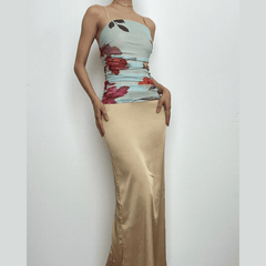 Ruched flower print zip-up square neck contrast slit maxi dress | red tango dress
