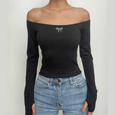 Off shoulder long sleeve gloves solid hollow out cut out top