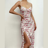 Flower pattern print lace up slit low cut cami midi dress | red tango dress