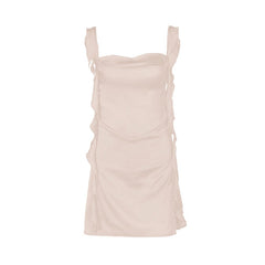 Cowl neck ruffle satin ruched cami mini dress
