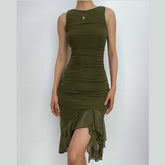 Ruched solid sleeveless ruffle zip-up backless midi dress | red tango dress