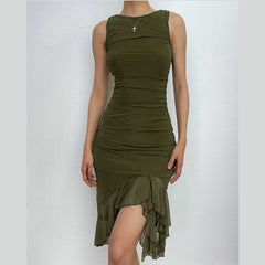 Ruched solid sleeveless ruffle zip-up backless midi dress | red tango dress