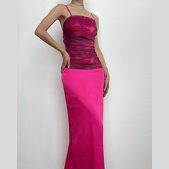 Ruched flower print zip-up square neck contrast slit maxi dress | red tango dress