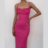 Sleeveless solid ruched ribbed backless cami dress | red tango dress