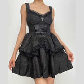 Backless lace up zip-up textured solid lace hem mini dress