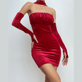 Velvet solid ruched gloves halter mini dress | red tango dress