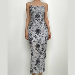 Slit contrast print sheer mesh see through u neck cami midi dress | samba dress