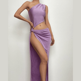 Knotted irregular one shoulder hollow out slit maxi dress | red tango dress