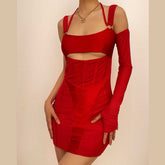 Gloves mesh corset off shoulder hollow out long sleeve halter mini dress | red tango dress
