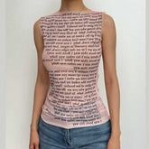 Sleeveless crewneck sheer mesh contrast print see through top