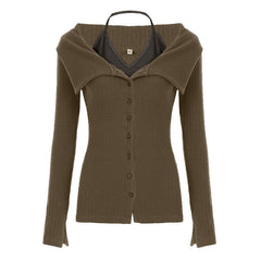 Long sleeve turnover collar halter button 2 piece top