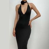 Solid v neck halter backless flower applique self tie maxi dress | red tango dress